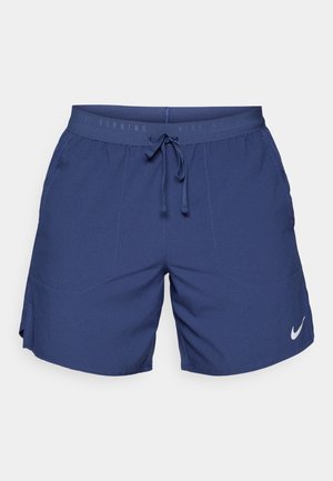 Marineblaue Laufsportshorts mit elastischem Bund, Kordelzug, Seitentaschen und einem kleinen weißen Nike-Logo am unteren rechten Bein.