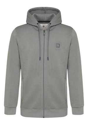 Szara bluza z kapturem na suwak, ze ściągaczami przy mankietach, kieszeniami po bokach oraz małym kwadratowym logo na lewej piersi.