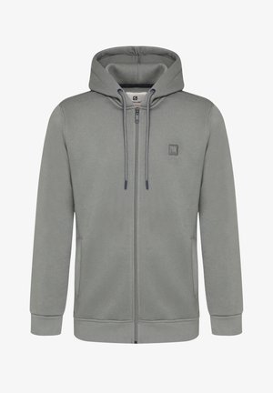 Felpa grigia con zip integrale, cappuccio con coulisse, polsini a costine, tasche laterali e piccolo logo quadrato sul petto a sinistra.