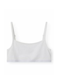 Bralette en coton blanc avec des bretelles fines réglables, à design sans couture et texture douce et lisse. Présente une couleur unie simple sans motifs.