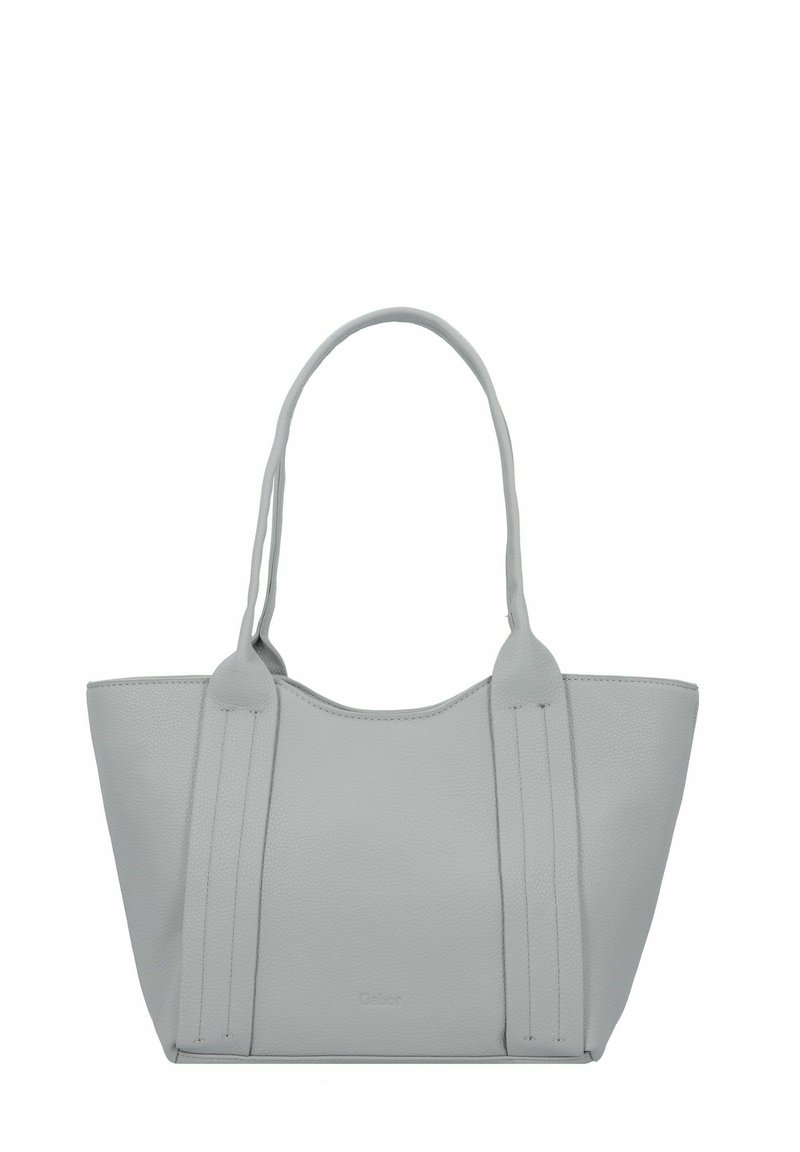Borsa a tote sintetica grigia con finitura testurizzata, due manici lunghi e una forma strutturata. Design minimalista senza hardware o dettagli visibili.