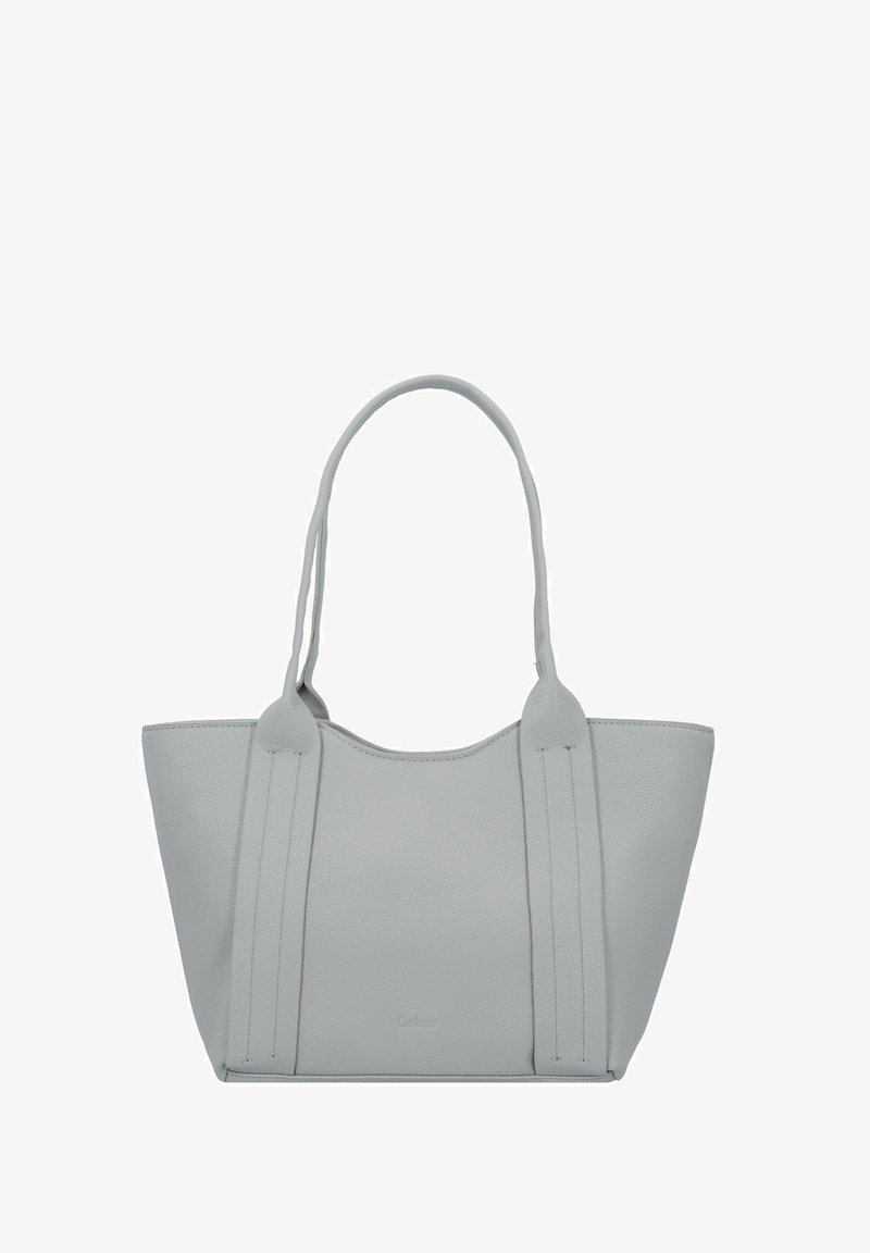 Borsa a tote sintetica grigia con finitura testurizzata, due manici lunghi e una forma strutturata. Design minimalista senza hardware o dettagli visibili.