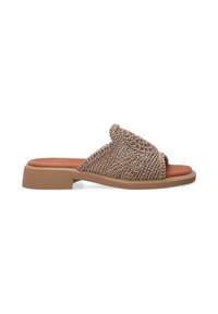 Vævede beige flade slidesandaler med et rundt stropdesign, tekstureret overdel og en brunt indersål på en lav, brun gummikile.