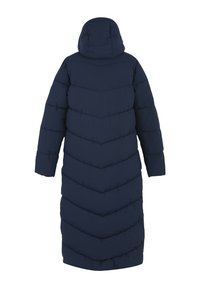 Long manteau d'hiver matelassé bleu marine avec capuche, vu de dos, présentant un matelassage en chevrons et des manches longues.