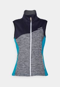 Ärmlös väst med hög krage, med en marinblå överdel, grå texturerad mittsektion och cyan sidopaneler. Stängning med en vit dragkedja.