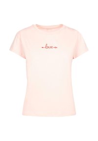 Šviesiai rožinė medvilninė t-shirta trumpomis rankovėmis ir apvaliu kaklu, su raudonu "meilės" užrašu ir rodyklėmis po juo. Minkšta ir kvėpuojanti medžiaga.