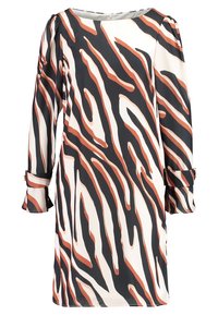 Robe à manches longues en tissu léger avec un fond crème et des rayures zébrées noires, brunes et orange. Elle se distingue par ses manches à revers.