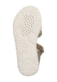 Sole di scarpa in gomma bianca con un motivo floreale caratterizzato da forme ritagliate e perforazioni, con la marcatura della taglia "27" sulla parte inferiore.