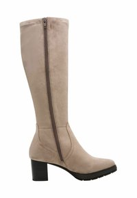 Beige suede knee-high boot with a block heel, featuring a side zipper and smooth texture, designed for easy wear.
