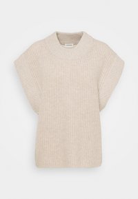 Beiger übergroßer Pullover mit gerippter Textur, kurzen Ärmeln und einem hohen, weiten Halsausschnitt. Einfaches, entspanntes Design ohne sichtbare Beschläge.