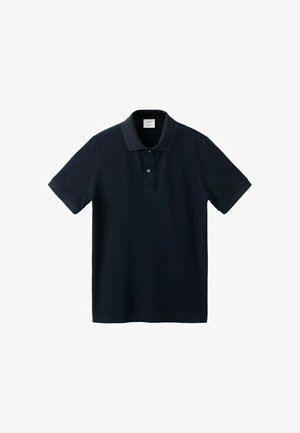 Zwart poloshirt met korte mouwen, omgeslagen manchetten en een tweeknops sluiting, plat liggend op een witte achtergrond weergegeven.