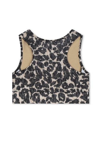 Bralette à imprimé léopard en noir, beige et brun. Fabriqué à partir d'un tissu lisse avec une large sous-bande et un design à dos ouvert.