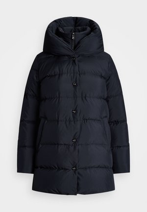 Navyblauer Daunenmantel mit hohem Kragen, integriertem Kapuzen und vorderen Knopfverschlüssen. Verfügt über ein gestepptes Muster und seitliche Taschen.