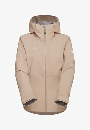 Beige vandtæt jakke med hætte, lynlås foran i fuld længde og grå indvendig foer. Har logo på brystet og manchetter på ærmerne.