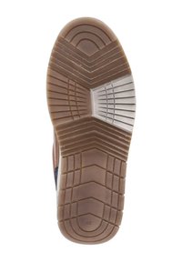 Schuhsohle aus Gummi, mit einem strukturierten Design, geometrischen Profilmustern und einer zweifarbigen Farbgestaltung in Braun und Grau.