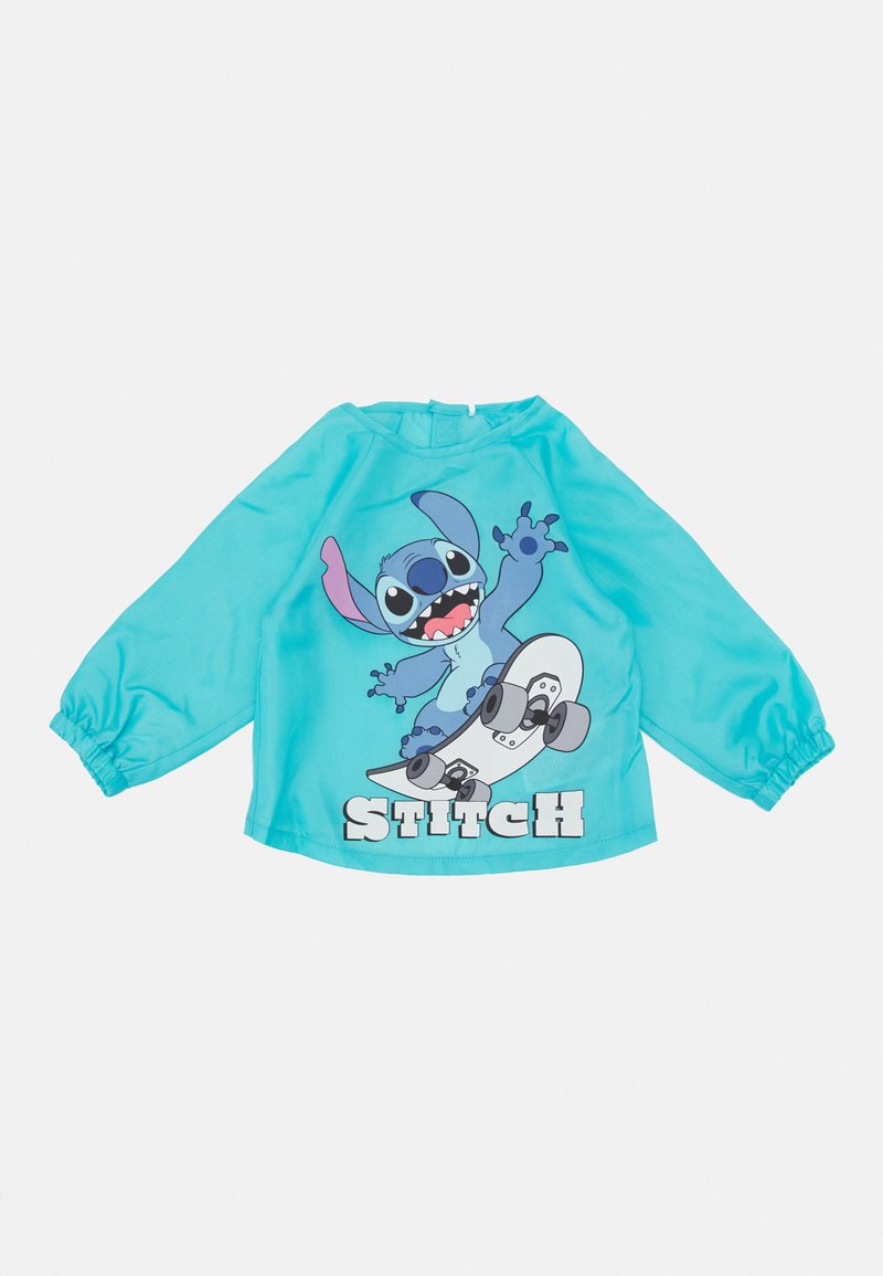 Blå langermet skjorte i glatt stoff med en tegneseriefigur på en skateboard og teksten "STITCH" i fete, hvite bokstaver.