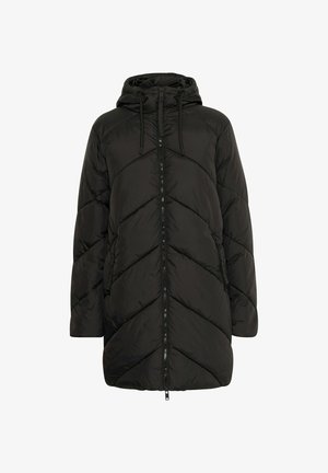 Fekete puffasztott dzseki kapucnival, chevron tűzött mintával, rugalmas húzózsinórral és elöl cipzárral.