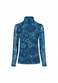 Blauw langmouw turtleneck shirt met een zon- en bloemenpatroon in donkerblauwe lijnen. De stof lijkt soepel met een strakke pasvorm.