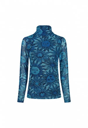 Blauw langmouw turtleneck shirt met een zon- en bloemenpatroon in donkerblauwe lijnen. De stof lijkt soepel met een strakke pasvorm.