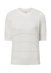 Kurzeilig weißer Pullover, gerippte Textur mit Rautenmuster. Rundhalsausschnitt und taillierter Saum, aus Strickstoff hergestellt.