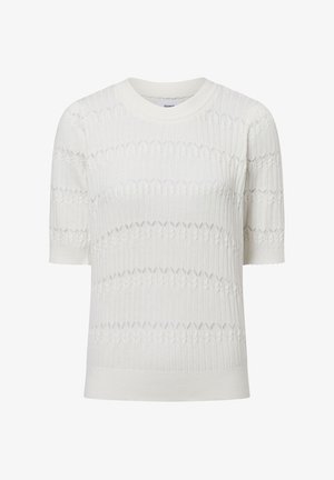 Short-sleeve white sweater, ribbed texture with diamond pattern. Round neckline and fitted hem, made from knit fabric.