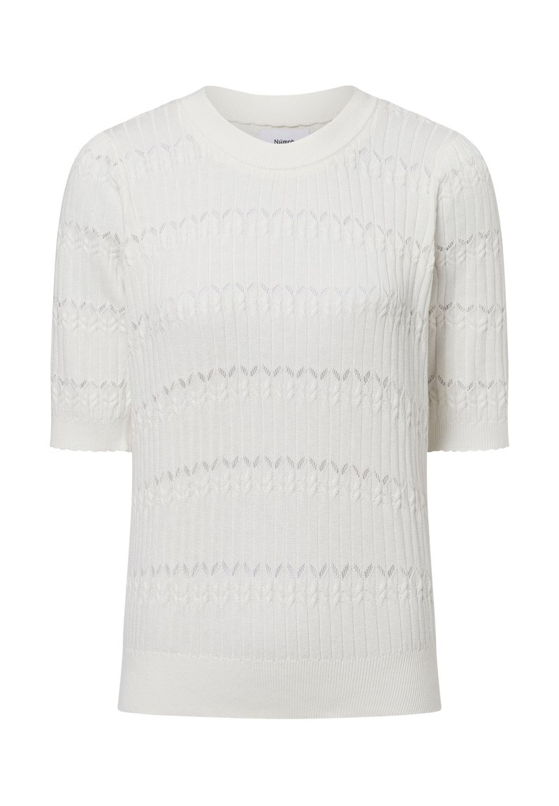 Kurzeilig weißer Pullover, gerippte Textur mit Rautenmuster. Rundhalsausschnitt und taillierter Saum, aus Strickstoff hergestellt.