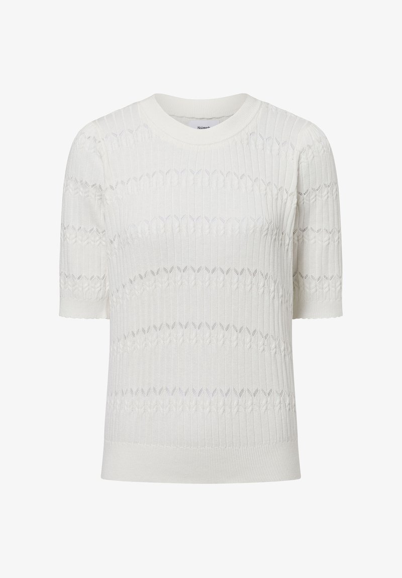 Kurzeilig weißer Pullover, gerippte Textur mit Rautenmuster. Rundhalsausschnitt und taillierter Saum, aus Strickstoff hergestellt.