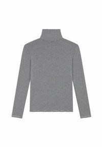 Langärmliges Turtleneck-Oberteil in grau-weißem Streifenmuster, weiche Textur, figurbetontes Design mit hohem Kragen, keine sichtbaren Hardware- oder Akzente.