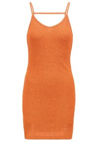 Bezramínková, přiléhavá, oranžová pletená šaty s tenkými ramínky a decentním V-výstřihem, vystavené na bílém pozadí.