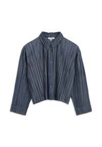 Ingeknipte button-up blouse in marineblauw, met verticale strepen, lange mouwen en contrasterende gele stiksels.