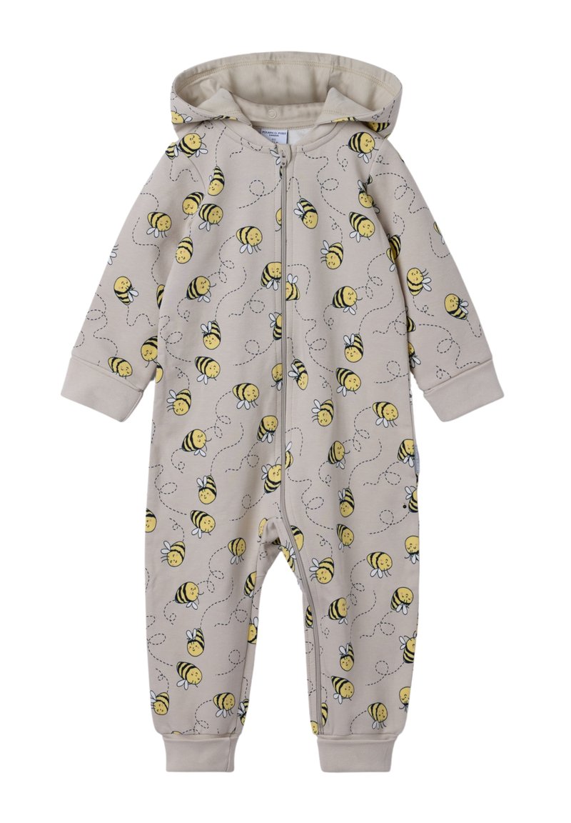 Beige Overall mit Reißverschluss vorn, mit einem Bienenmuster in Gelb und Schwarz. Es hat eine Kapuze und Bündchen und besteht aus weichem Baumwollmaterial.