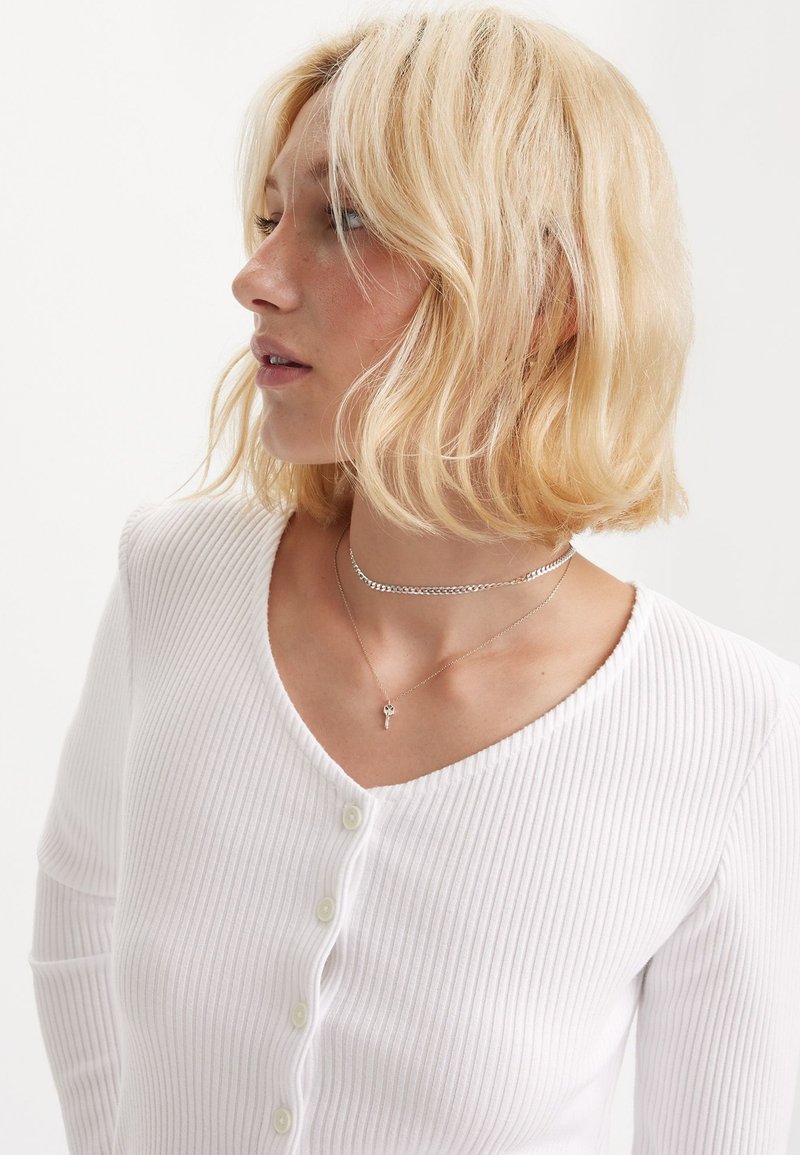 Cardigan bianco a costine con scollatura a V e chiusura con bottoni. Presenta maniche lunghe e una texture liscia. Collane a strati argentate visibili.