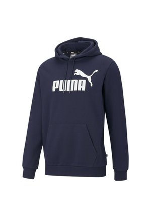Granatowa bluza z kapturem z kieszenią z przodu i logo Puma, z białym skaczącym pumą i pogrubionym napisem na klatce piersiowej.