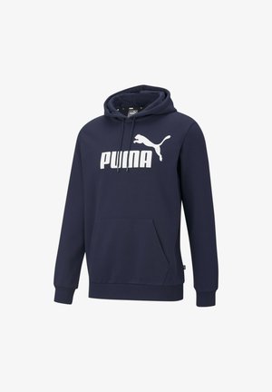Sweat à capuche bleu marine avec poche avant et logo Puma, présentant un puma blanc bondissant et un texte en gras sur la poitrine.
