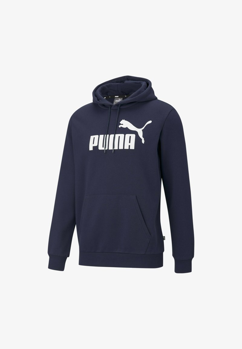 Sweat à capuche bleu marine avec poche avant et logo Puma, présentant un puma blanc bondissant et un texte en gras sur la poitrine.