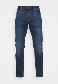 Dunkelblaue Jeans aus Denim mit geradem Bein, fünf Taschen, kontrastierenden Nähten und einem klassischen Knopfverschluss.