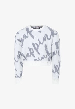 Maglione corto bianco con lettering astratto grigio, dotato di scollo rotondo e polsini e orlo a costine. Tessuto morbido e testurizzato.
