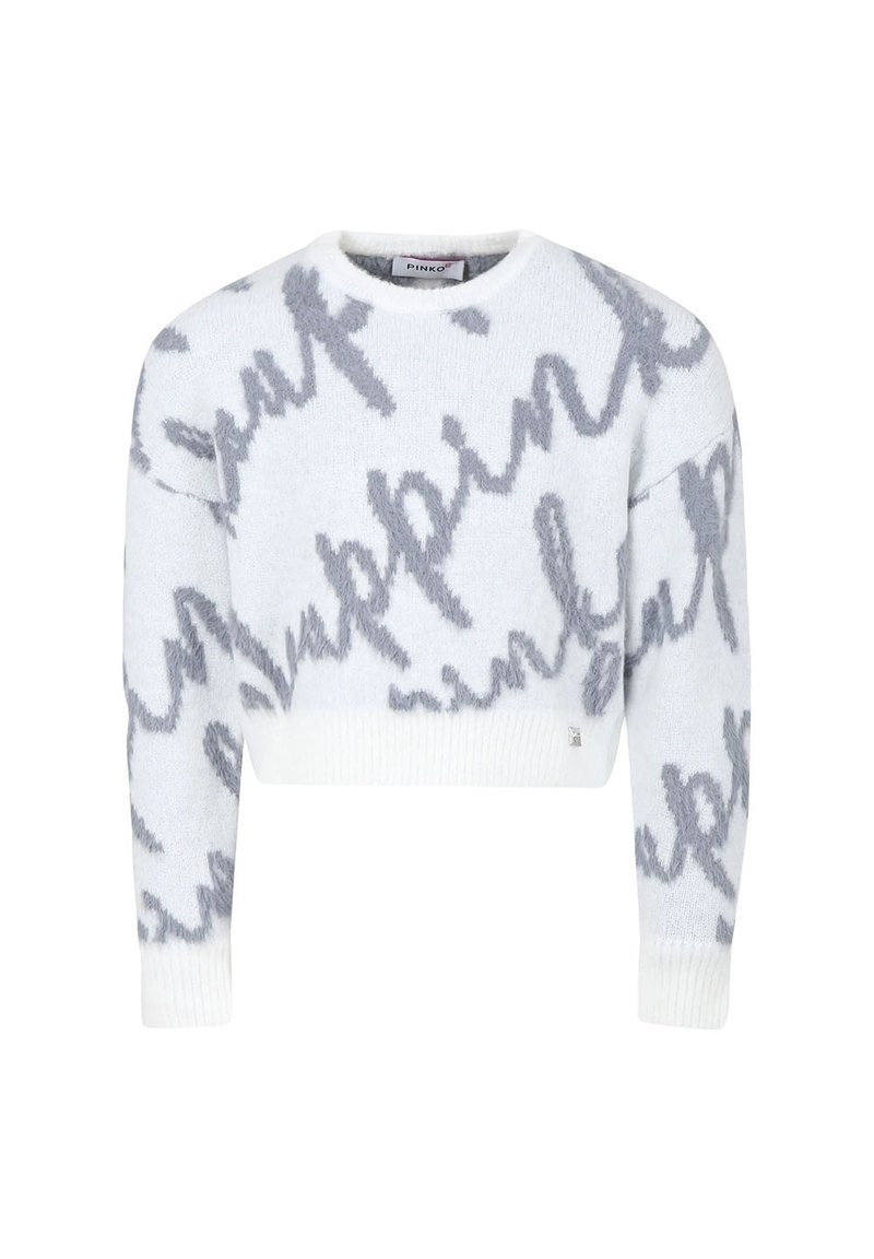 Maglione corto bianco con lettering astratto grigio, dotato di scollo rotondo e polsini e orlo a costine. Tessuto morbido e testurizzato.