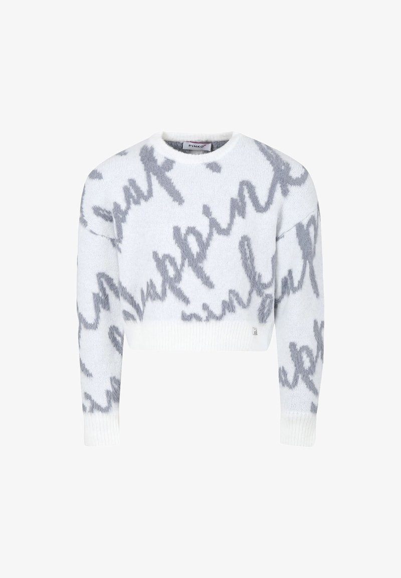Maglione corto bianco con lettering astratto grigio, dotato di scollo rotondo e polsini e orlo a costine. Tessuto morbido e testurizzato.