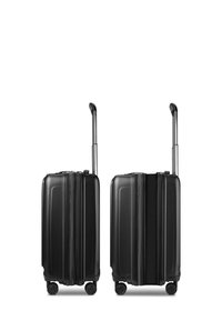 Deux valises rigides noires avec poignées extensibles et quatre roues, montrées côte à côte avec une valise légèrement déployée.