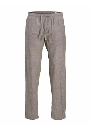 Světlé šedé lněné kalhoty s elastickým pasem a šňůrkou na stažení. Rovný střih nohavic, texturovaná látka s jemným, žíhaným vzhledem.