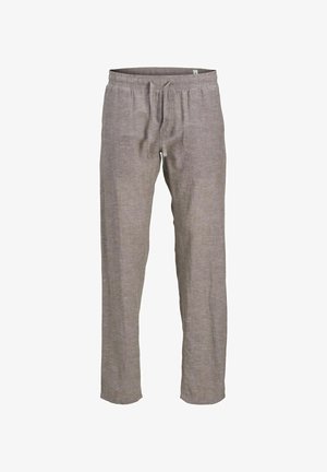 Světlé šedé lněné kalhoty s elastickým pasem a šňůrkou na stažení. Rovný střih nohavic, texturovaná látka s jemným, žíhaným vzhledem.