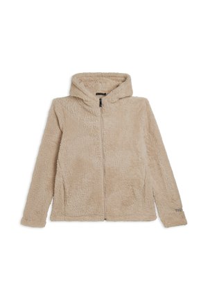Felpa beige con zip e colletto alto, dotata di cappuccio. Texture morbida e polsini a costine, con un piccolo logo sulla manica.