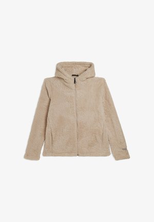 Felpa beige con zip e colletto alto, dotata di cappuccio. Texture morbida e polsini a costine, con un piccolo logo sulla manica.