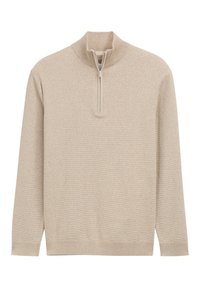 Beige kwart-zip trui gemaakt van textuur gebreide stof, met een hoge kraag, lange mouwen en geribbelde manchetten en zoom.