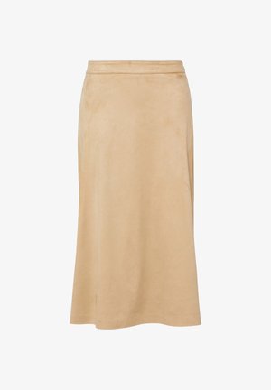Beiger knielanger Rock mit geradem Schnitt und einfachem Bund aus weichem, wildlederähnlichem Stoff.