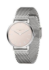 Silberne Edelstahl-Uhr mit einem Mesh-Armband, rundem pinkfarbenem Zifferblatt, minimalistischen Stundenmarkierungen und einem Logo in der Mitte.