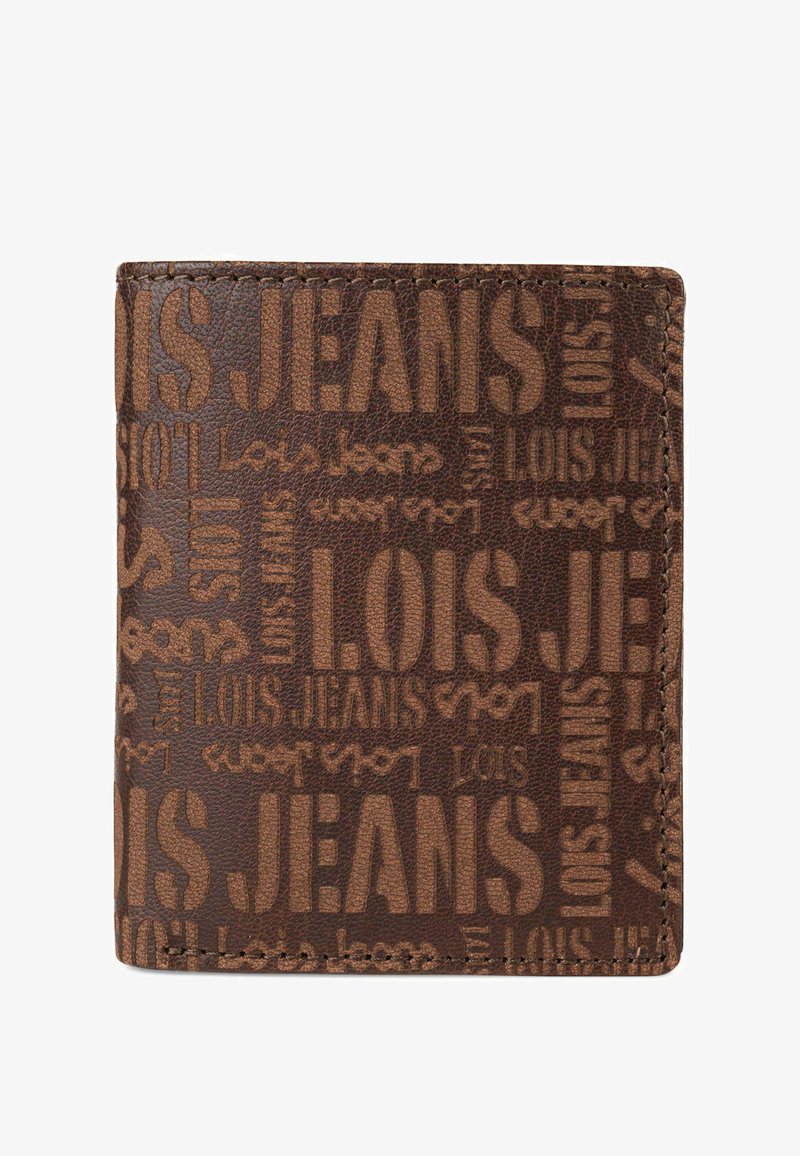 Cartera de piel marrón con el logo en relieve "LOIS JEANS" en varios tamaños. Acabado texturizado con costuras en contraste a lo largo de los bordes.
