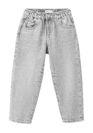 Hellgraue Jeanshose mit elastischem Bund, vorne mit Knopf, Reißverschluss und zwei Vordertaschen.