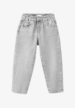 Hellgraue Jeanshose mit elastischem Bund, vorne mit Knopf, Reißverschluss und zwei Vordertaschen.